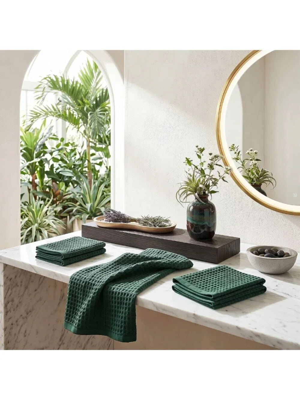 6 Pcs Dark Green Waffle Weave Hand Towels - Soft, Absorbent, Quick Dry, Boho